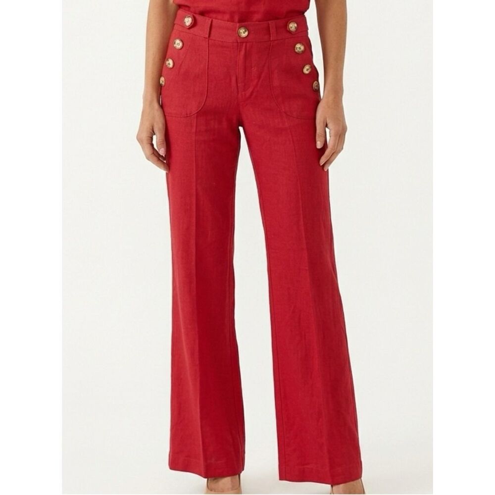 DENIMOCRACY | Linen Blend Red Wide Leg Pants Button Detail Size 28